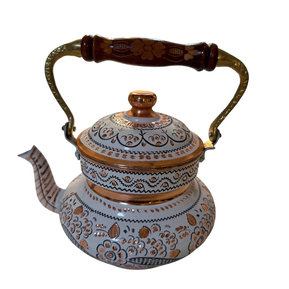 Handcrafted Turkish Copper Teapot Hand Painted White Floral Enamel Tea Kettle